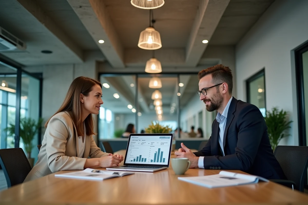 Deux professionnels de l'immobilier collaborant autour d'une plateforme d'analyse immobilière sur ordinateur portable dans un espace de coworking moderne