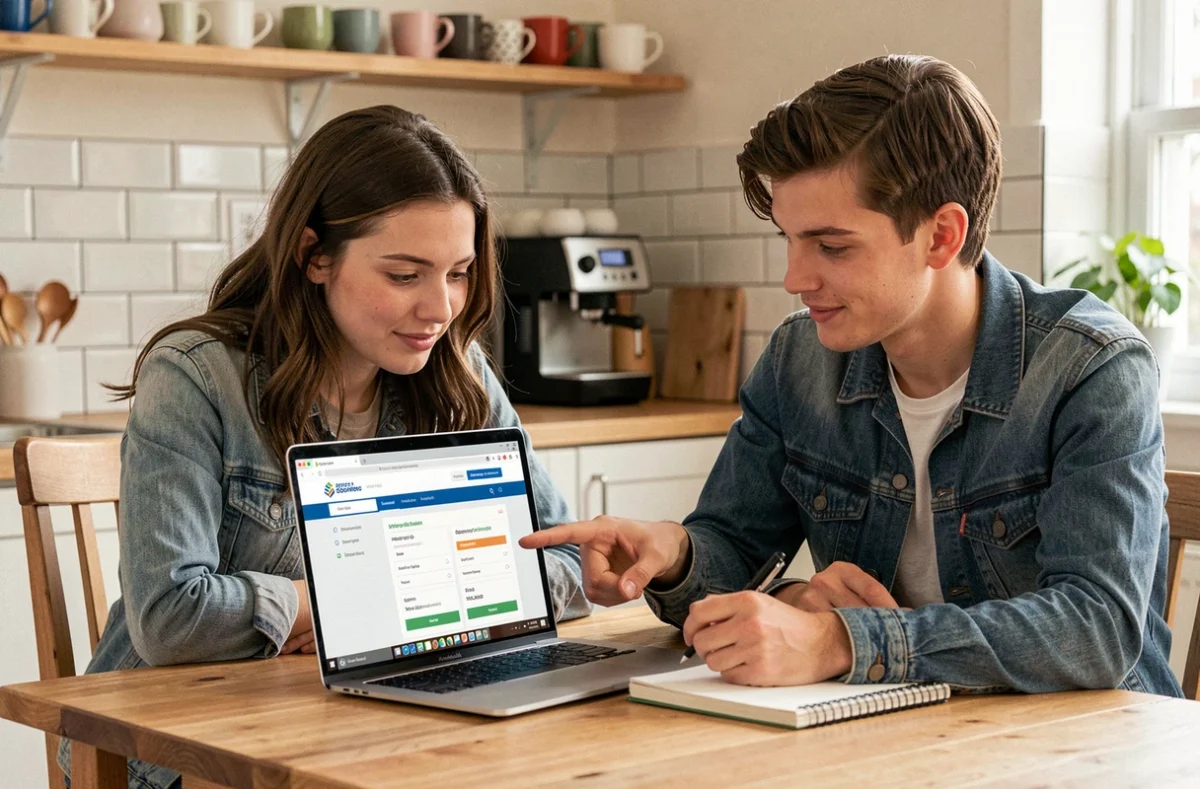 Deux colocataires étudiants comparant des offres d'assurance habitation sur ordinateur