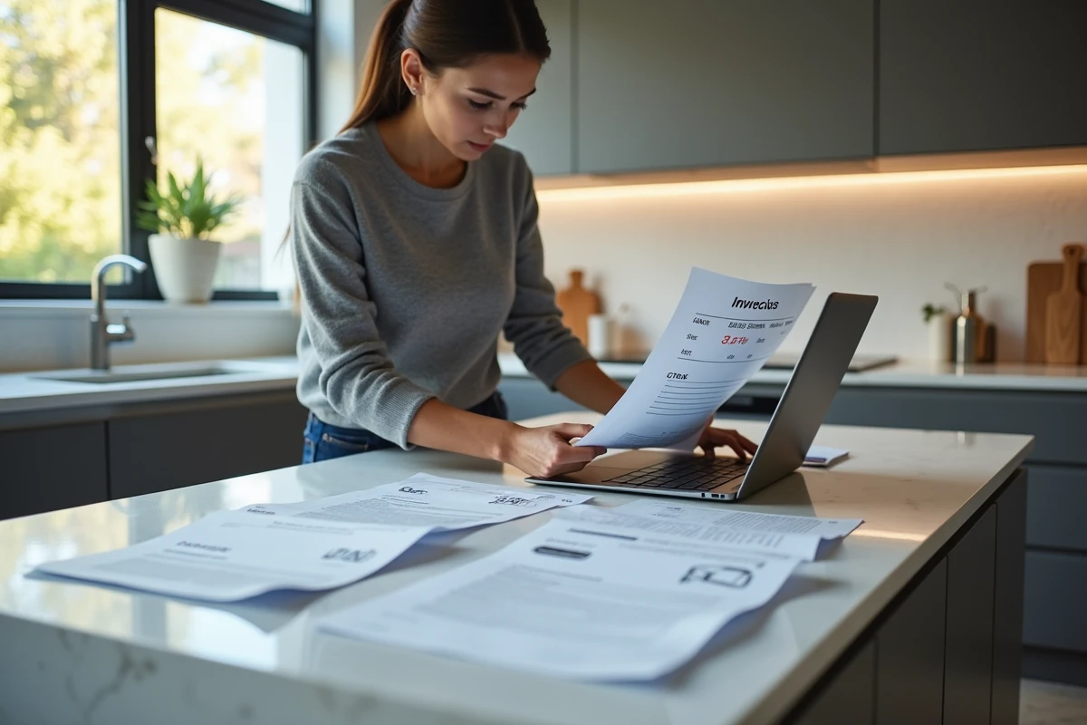 Femme comparant des devis de prix pour une borne de recharge à domicile sur un plan de travail en marbre avec un ordinateur portable