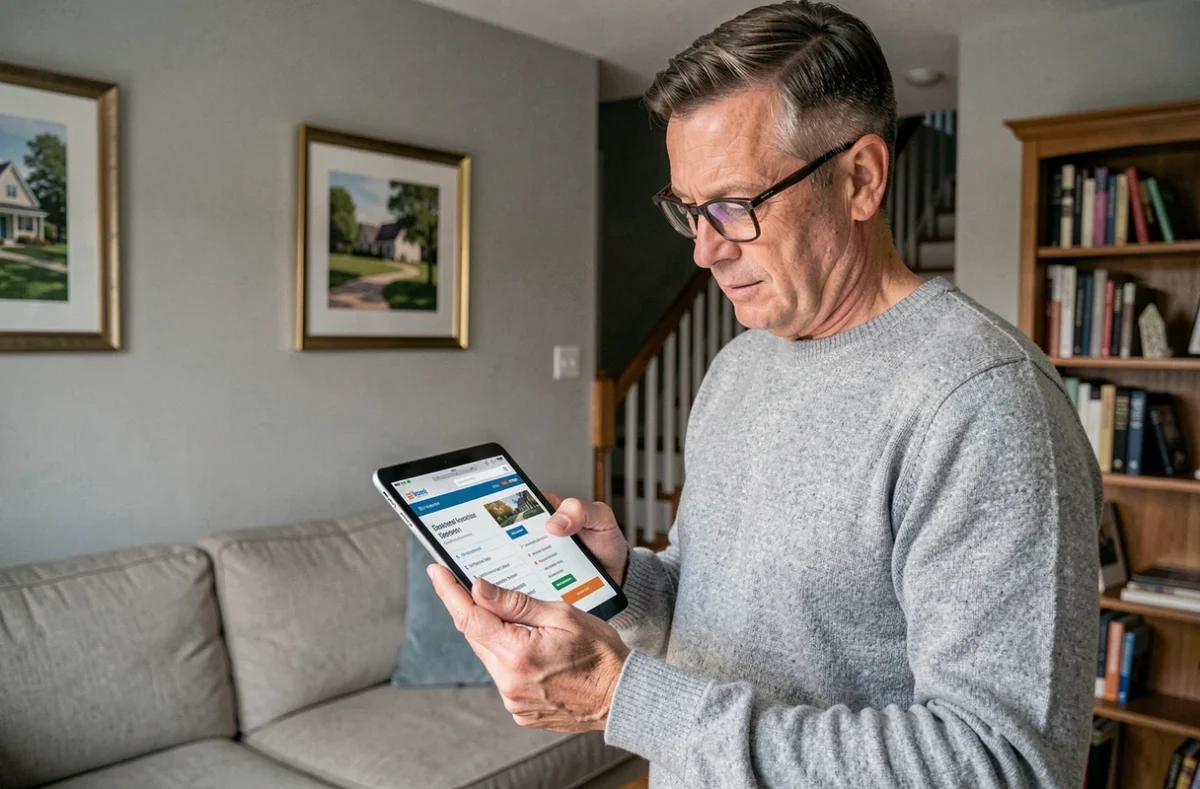 Homme comparant des offres d'assurance multirisque habitation sur une tablette dans son salon