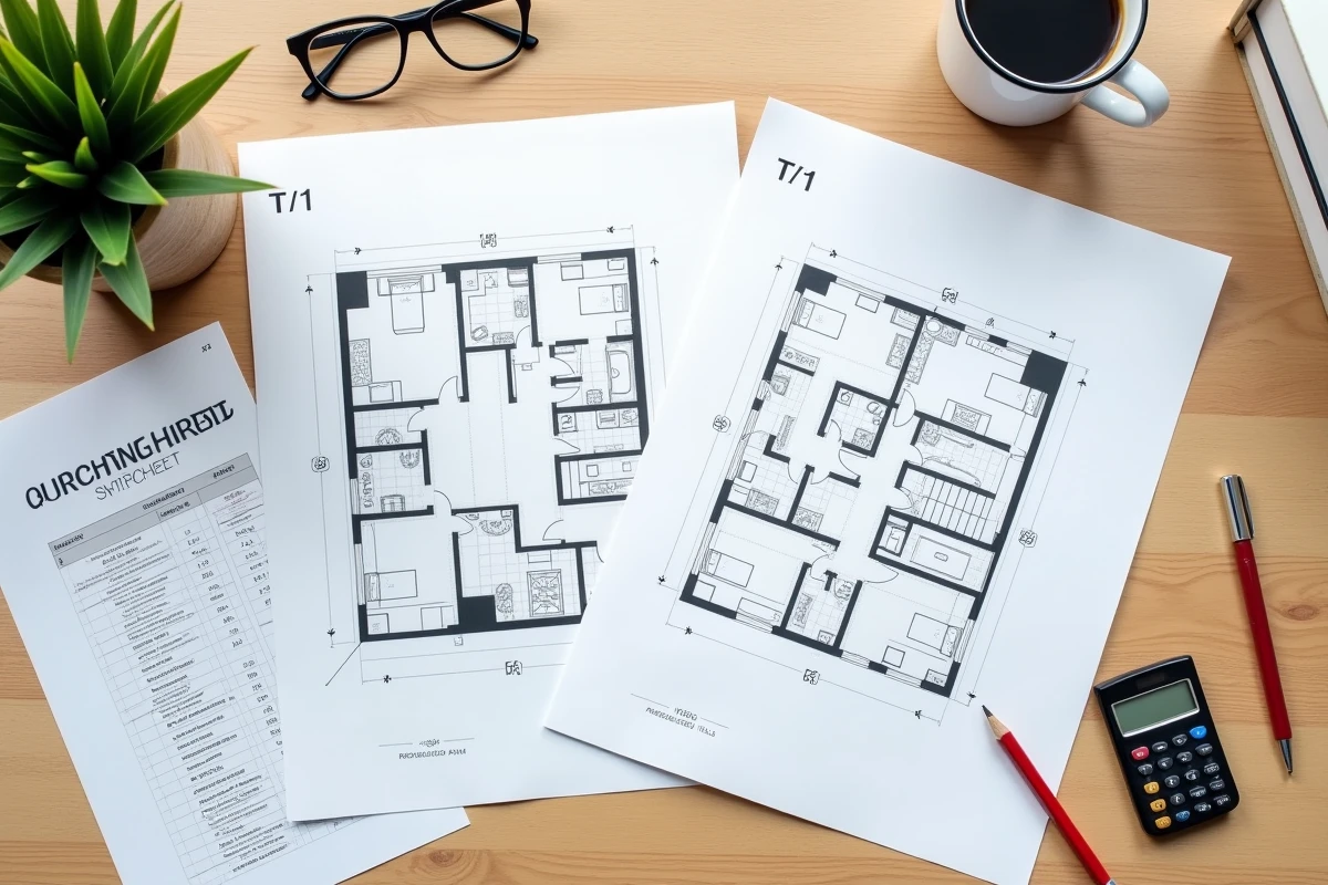 Comparaison de plans T1 et T1bis annotés sur un bureau avec calcul de rendement locatif
