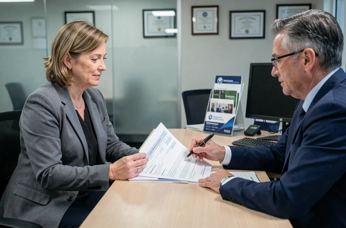 Femme en réunion avec un conseiller en assurance pour souscrire rapidement une assurance logement dans une agence professionnelle