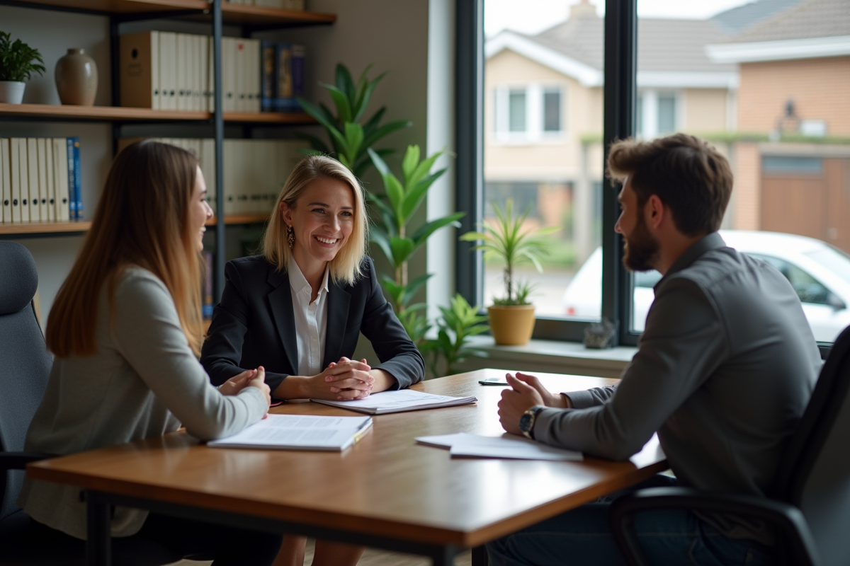 Conseillère en prêt immobilier discutant avec un jeune couple dans un bureau