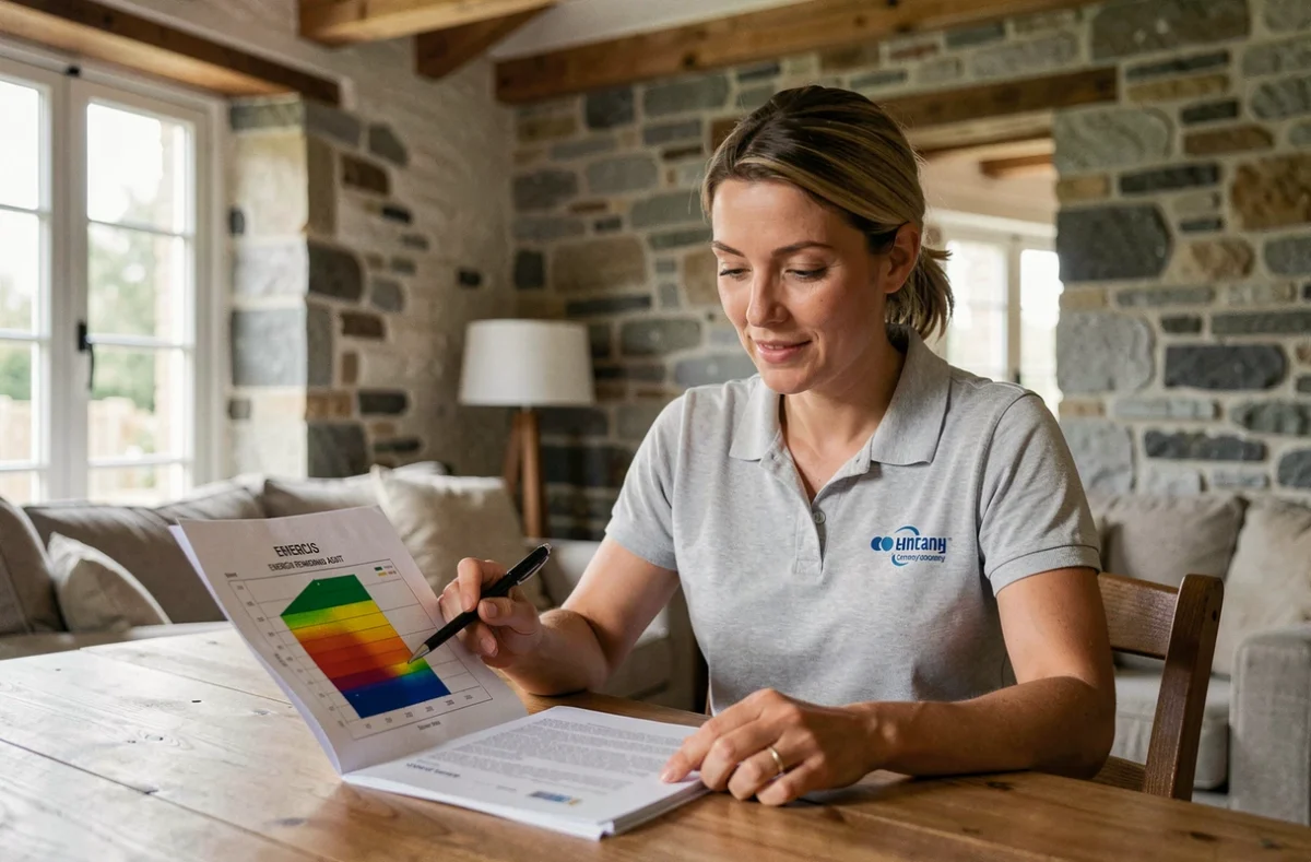 Conseillère en rénovation énergétique présentant un bilan thermique à domicile dans le Morbihan