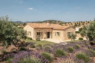 Maison individuelle construite dans le Gard avec toiture en tuiles et jardin méditerranéen, représentant le marché de la construction dans la région