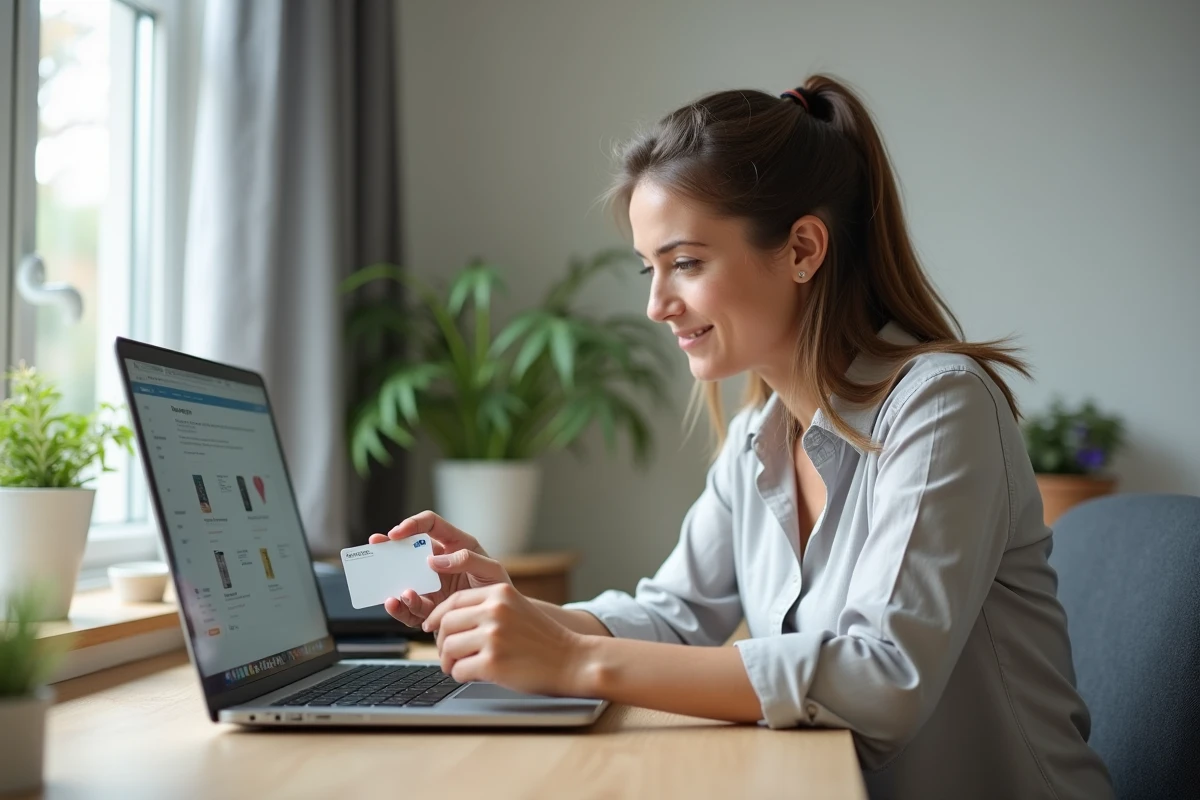 Femme comparant un service de copie de badge en ligne depuis son ordinateur portable à domicile