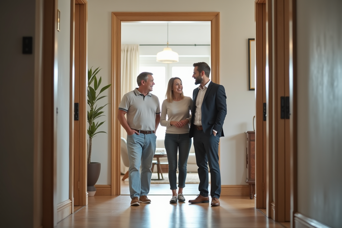Couple discutant avec agent immobilier dans appartement renové