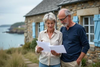 Couple examinant des documents immobiliers devant une maison de pêcheur en pierre sur la côte bretonne