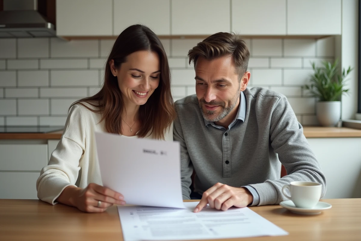 Couple d'acheteurs étudiant le pré-état daté d'un appartement ensemble dans une cuisine moderne