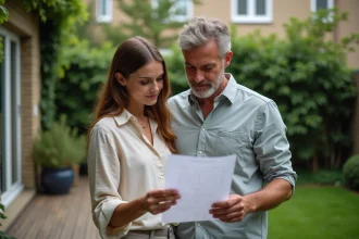 Couple examinant une annonce de location T3 rez-de-jardin devant un jardin privatif résidentiel