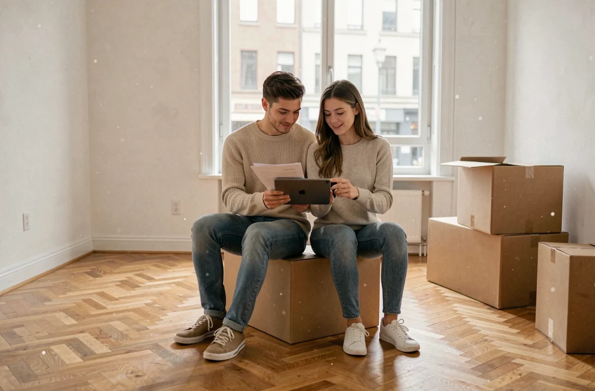 Couple consultant leur assurance logement sur une tablette lors d'un emménagement dans un nouvel appartement vide