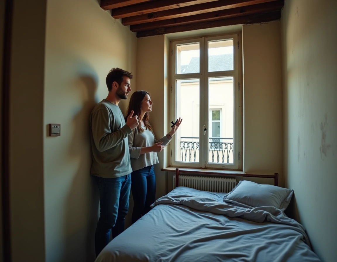 Couple découvrant une chambre de très petite surface dans un appartement ancien, s'interrogeant sur la conformité légale avant achat