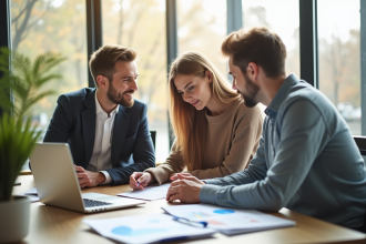 Jeune couple avec conseiller financier dans un bureau lumineux