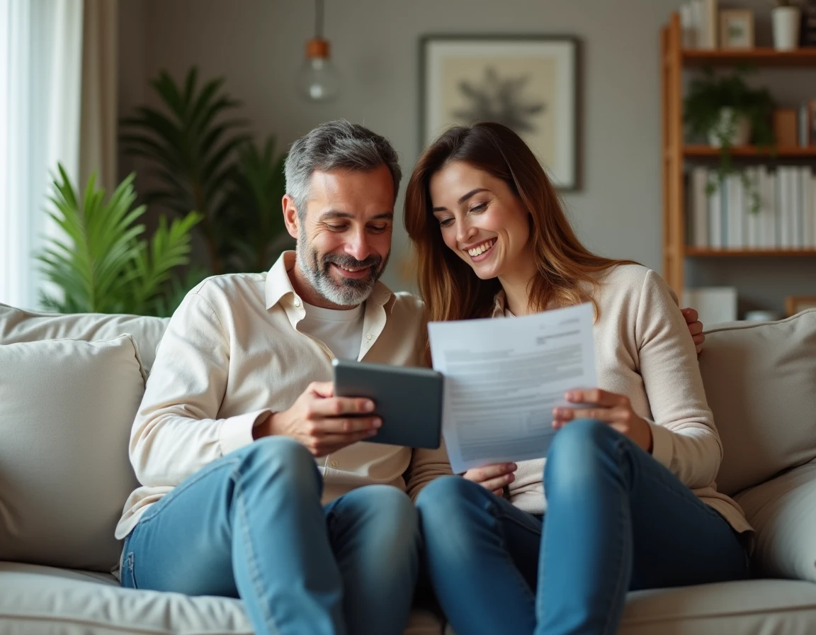 Couple consultant leurs documents immobiliers MyFoncia sur tablette et smartphone dans leur salon