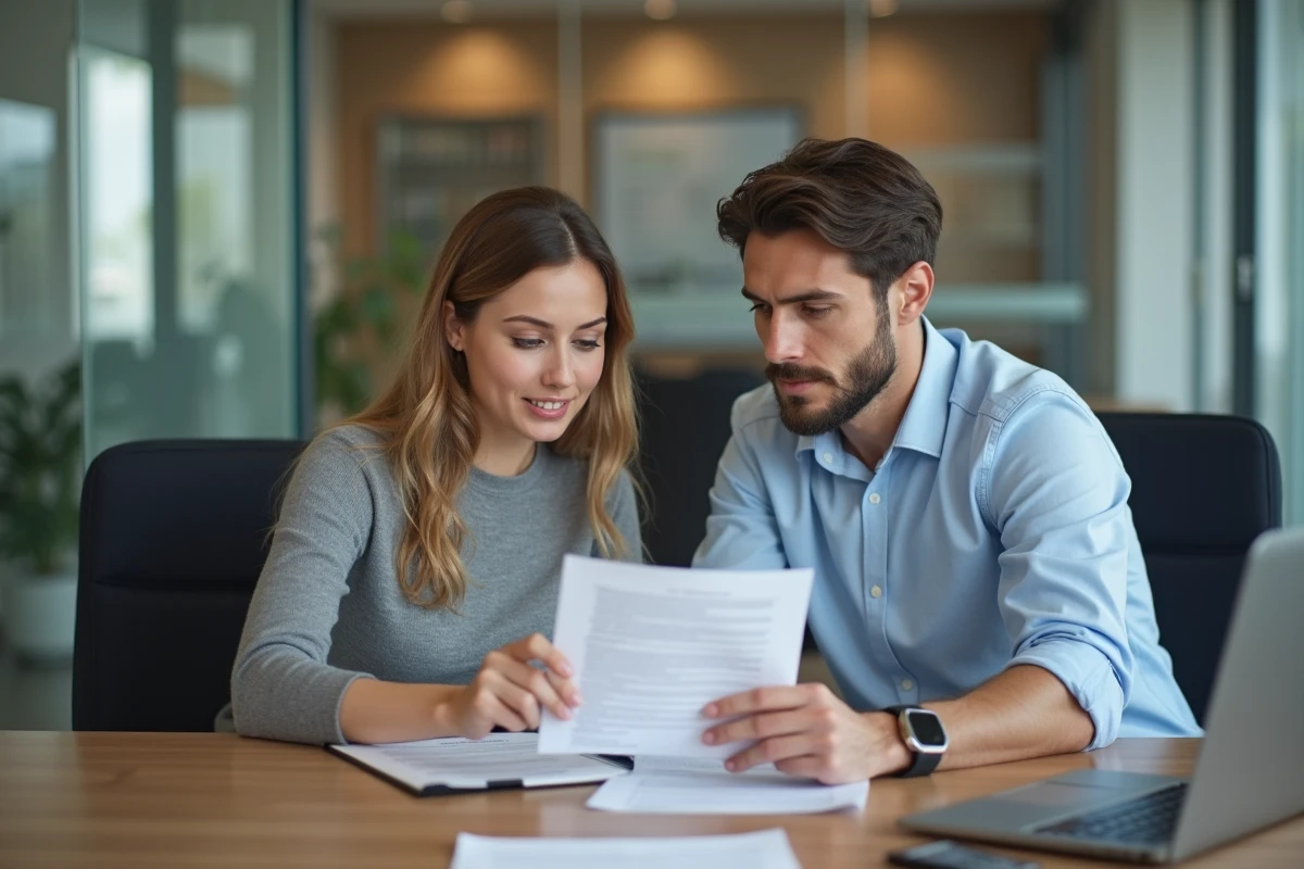 Couple d'étudiants en rendez-vous bancaire pour discuter d'un prêt étudiant destiné à l'achat immobilier