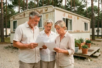 Couple de propriétaires évaluant la valeur de revente de leur mobil-home sur un camping entouré de pins