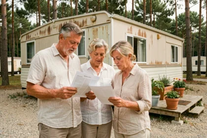 Couple de propriétaires évaluant la valeur de revente de leur mobil-home sur un camping entouré de pins