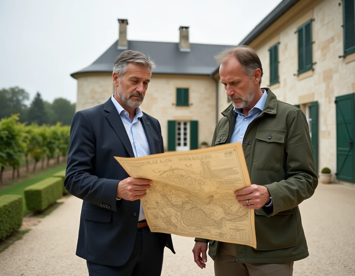Couple d'expatriés étudiant un plan cadastral devant un château viticole du Médoc à vendre