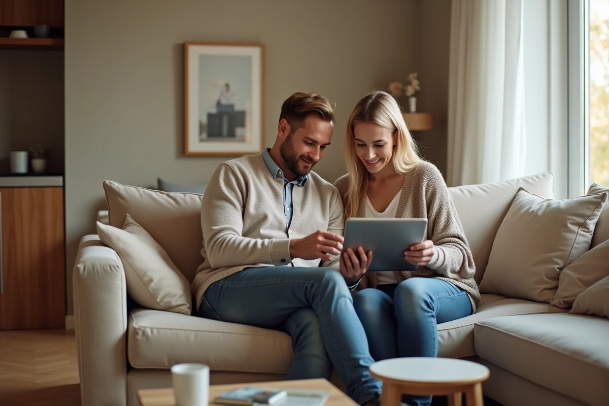 Couple de propriétaires gérant leurs documents locatifs en ligne via My Foncia sur une tablette depuis leur salon