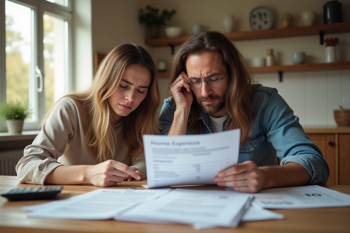 Couple inquiet examinant documents et factures cuisine