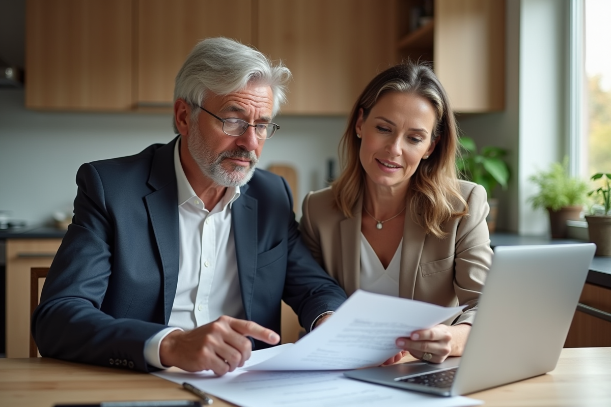 Couple d'âge moyen examinant un contrat immobilier