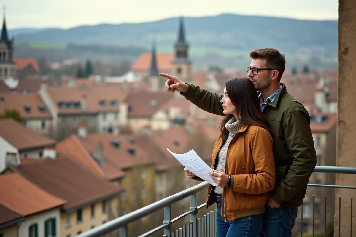 Couple d'investisseurs observant le quartier depuis un balcon avec vue sur les toits de Romans-sur-Isère