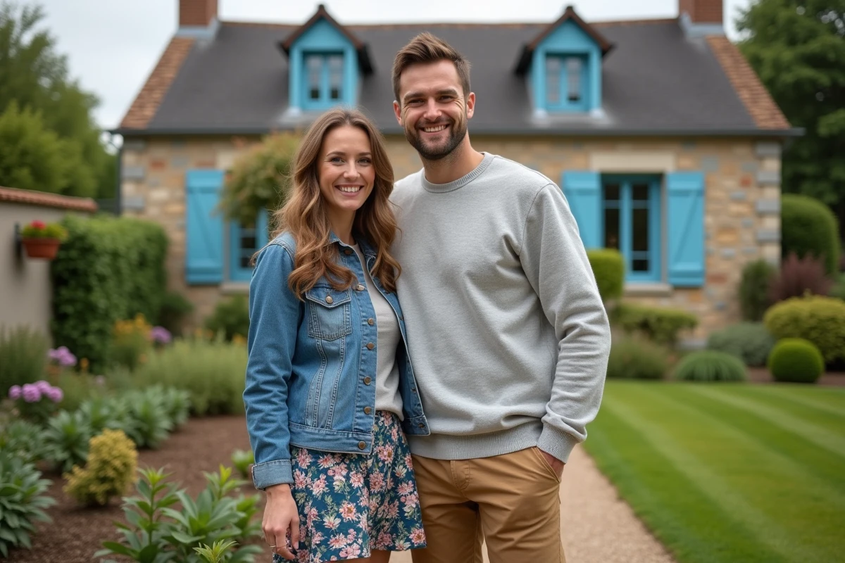 Jeune couple souriant dans un jardin fleuri avec maison de campagne