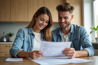 Couple en cuisine examinant des documents de prêt immobilier
