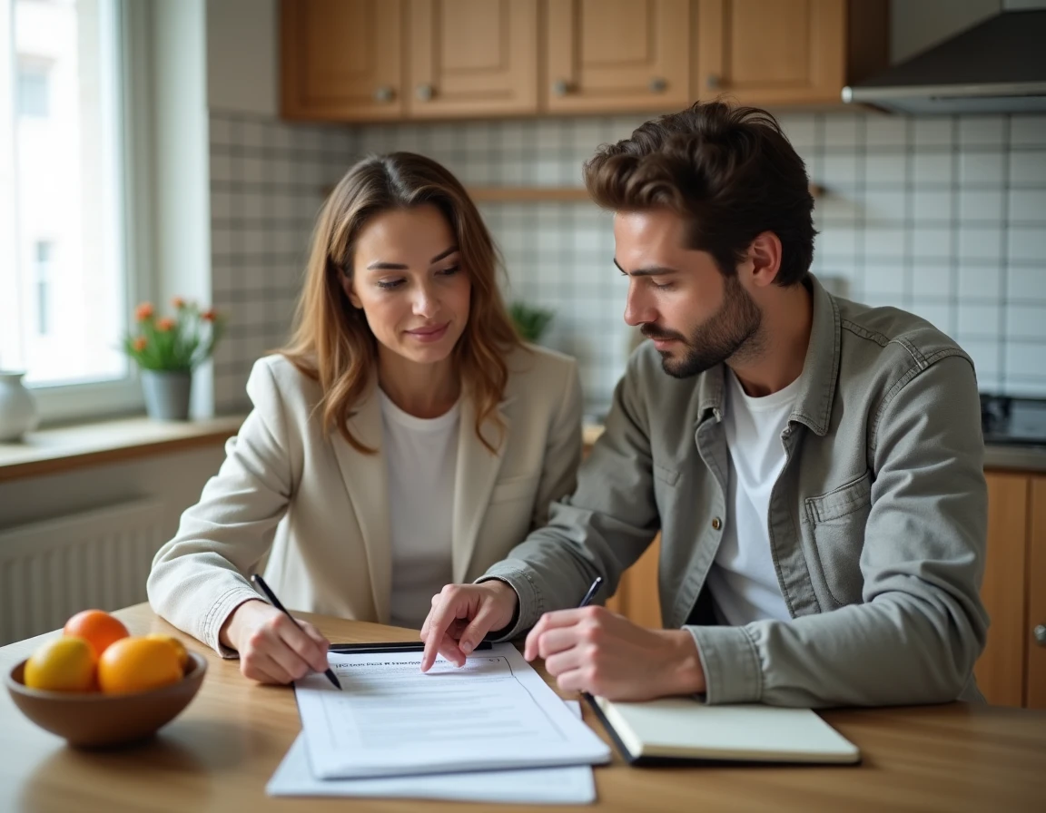 Couple de locataires examinant un contrat de gestion locative Akerys sur tablette dans leur appartement