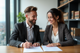Jeune couple souriant lors de la signature de contrats chez le notaire