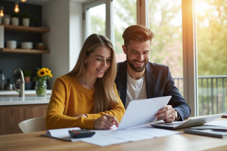 Couple discutant de prêt immobilier à la maison