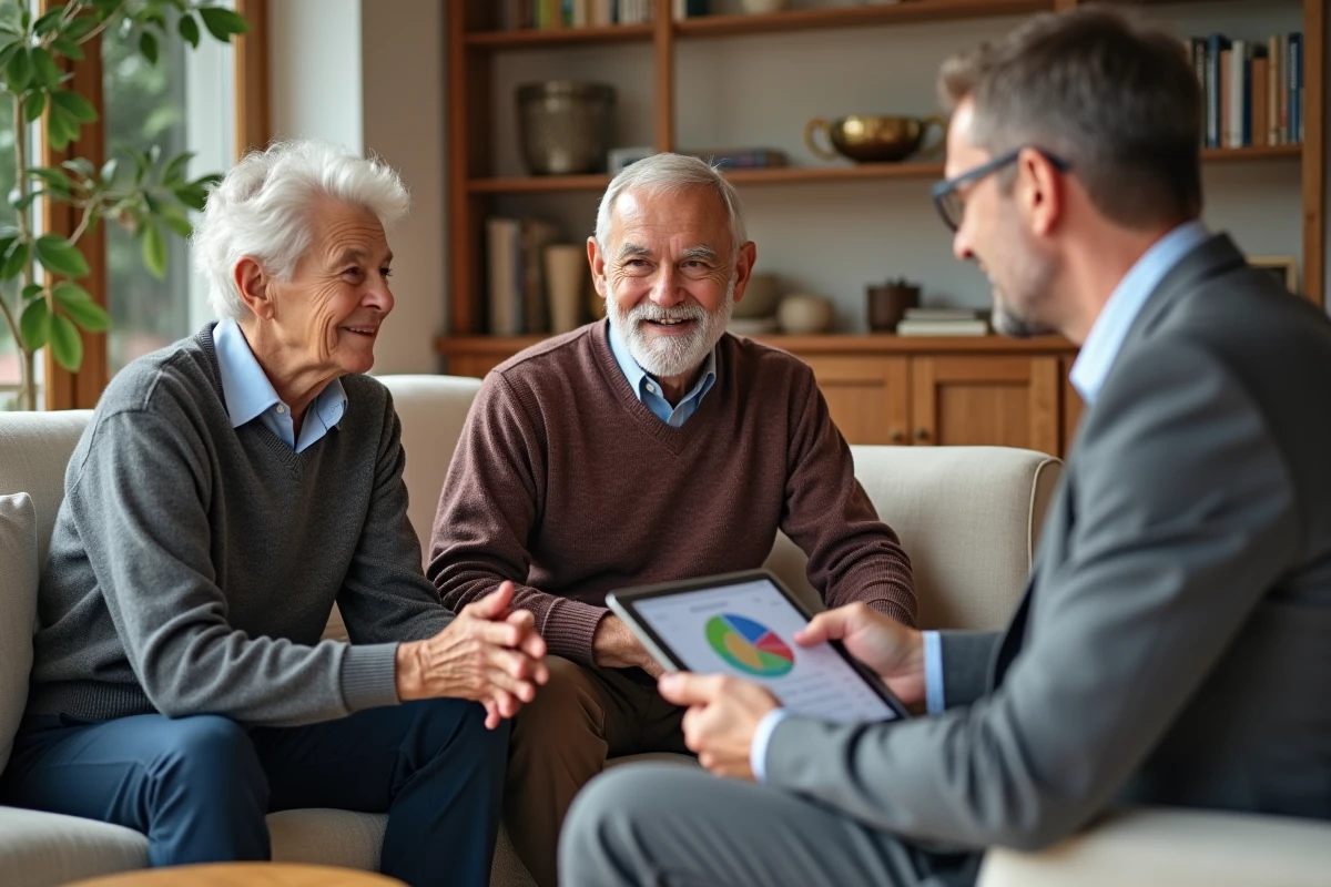 Couple senior discutant avec conseiller financier dans un salon chaleureux