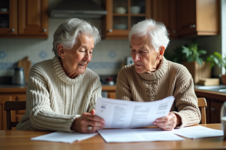 Couple senior examinant documents d'impots maison