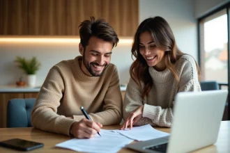 Couple souriant signant un contrat immobilier dans la cuisine