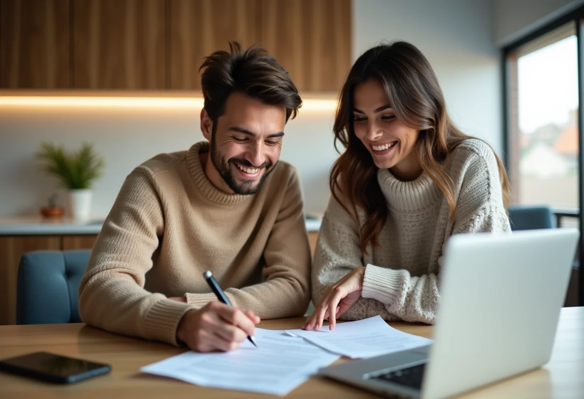 Couple souriant signant un contrat immobilier dans la cuisine
