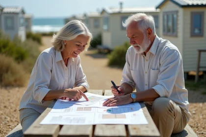 Couple examinant un plan de parcelle PRL en bord de mer avant signature