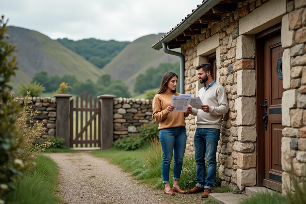 Couple visitant une petite maison avec jardin à louer en Puy-de-Dôme et comparant les annonces immobilières