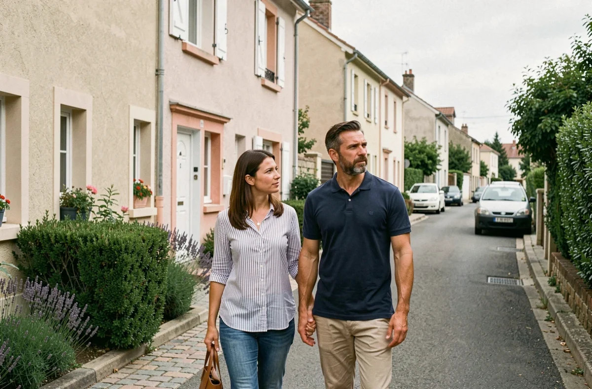 Couple explorant un quartier résidentiel calme d'Alès lors d'une visite de prospection immobilière
