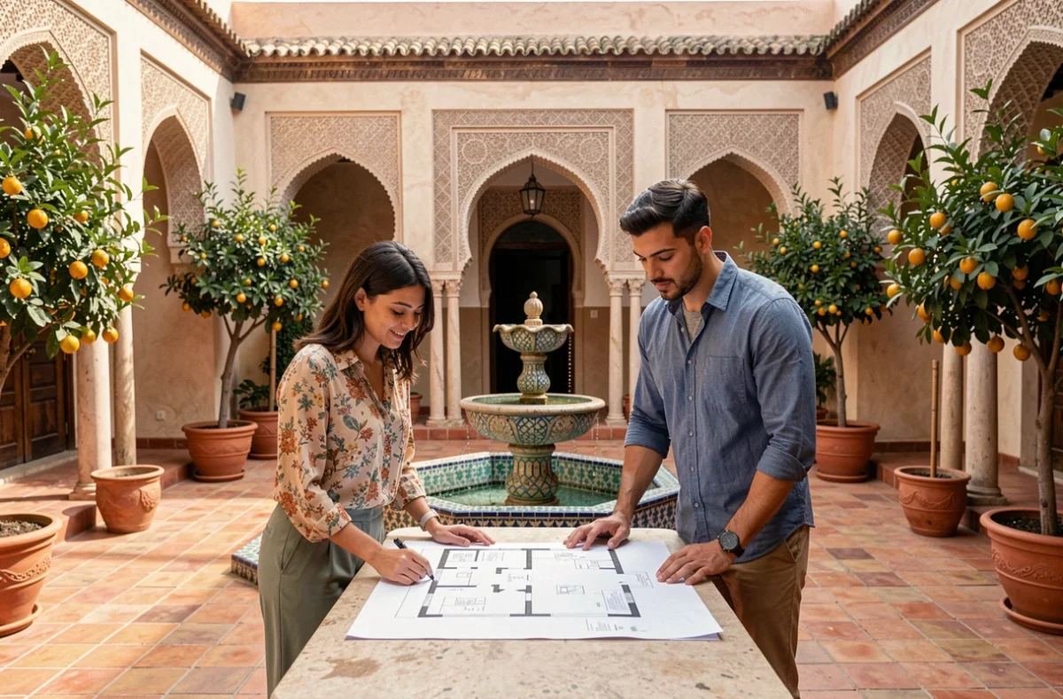 Couple marocain consultant un plan de maison dans un riad traditionnel de Marrakech avec fontaine en mosaïque