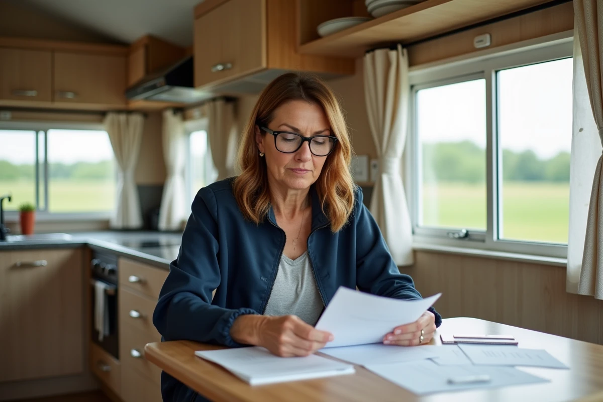 Femme étudiant des documents juridiques sur l'installation d'un mobil-home à l'intérieur de son habitat mobile