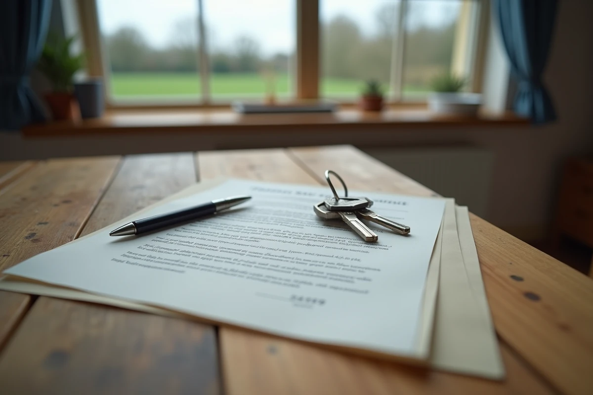 Documents de vente immobilière et clés de maison sur une table en bois dans une ferme normande de la Manche