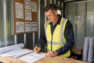 Électricien examinant des documents de coûts et marges sur un chantier, illustrant les risques financiers liés à l'indice BT47