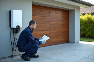 Électricien professionnel inspectant une borne de recharge pour véhicule électrique installée sur un mur de garage résidentiel