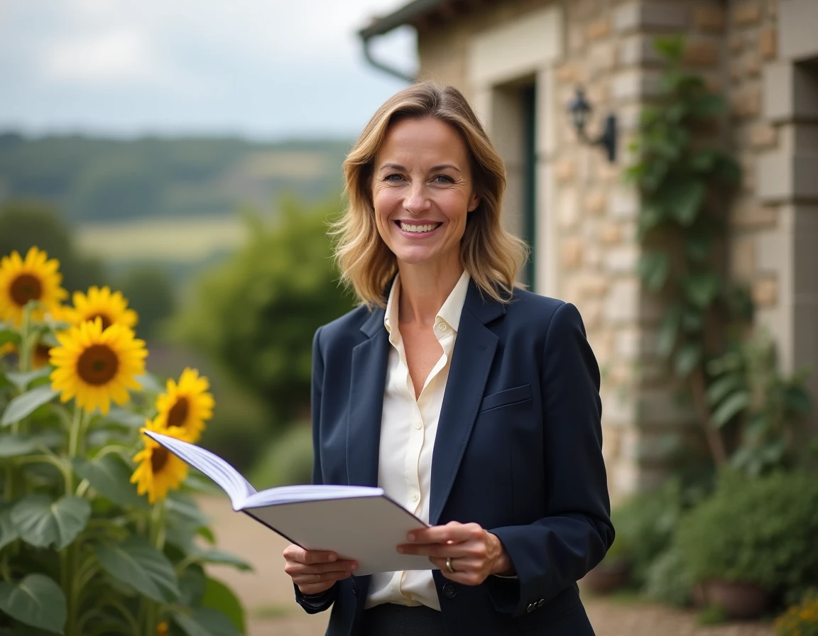 Agent immobilière de L'Equipe Immo à L'Isle-Jourdain présentant un bien immobilier gascon à des clients