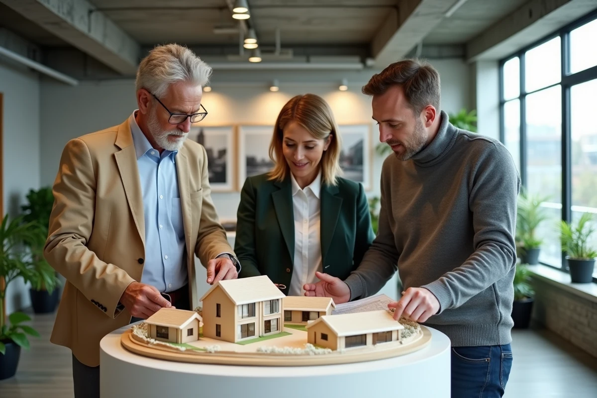 Équipe de professionnels de l'immobilier examinant une maquette de programme de logements résidentiels