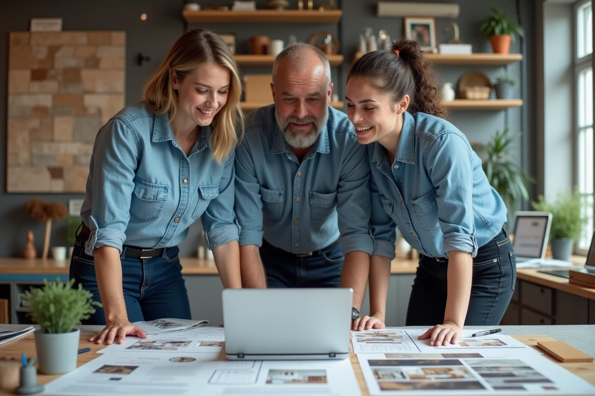 Équipe de professionnels de la rénovation collaborant autour d'un planning de contenu marketing et d'échantillons matériaux dans un showroom de travaux