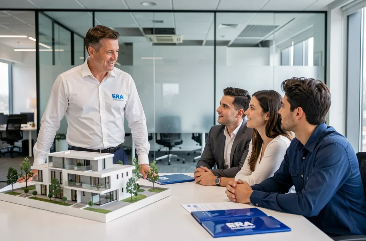Agent ERA Immobilier présentant un projet immobilier à des clients dans une agence moderne en Haute-Loire