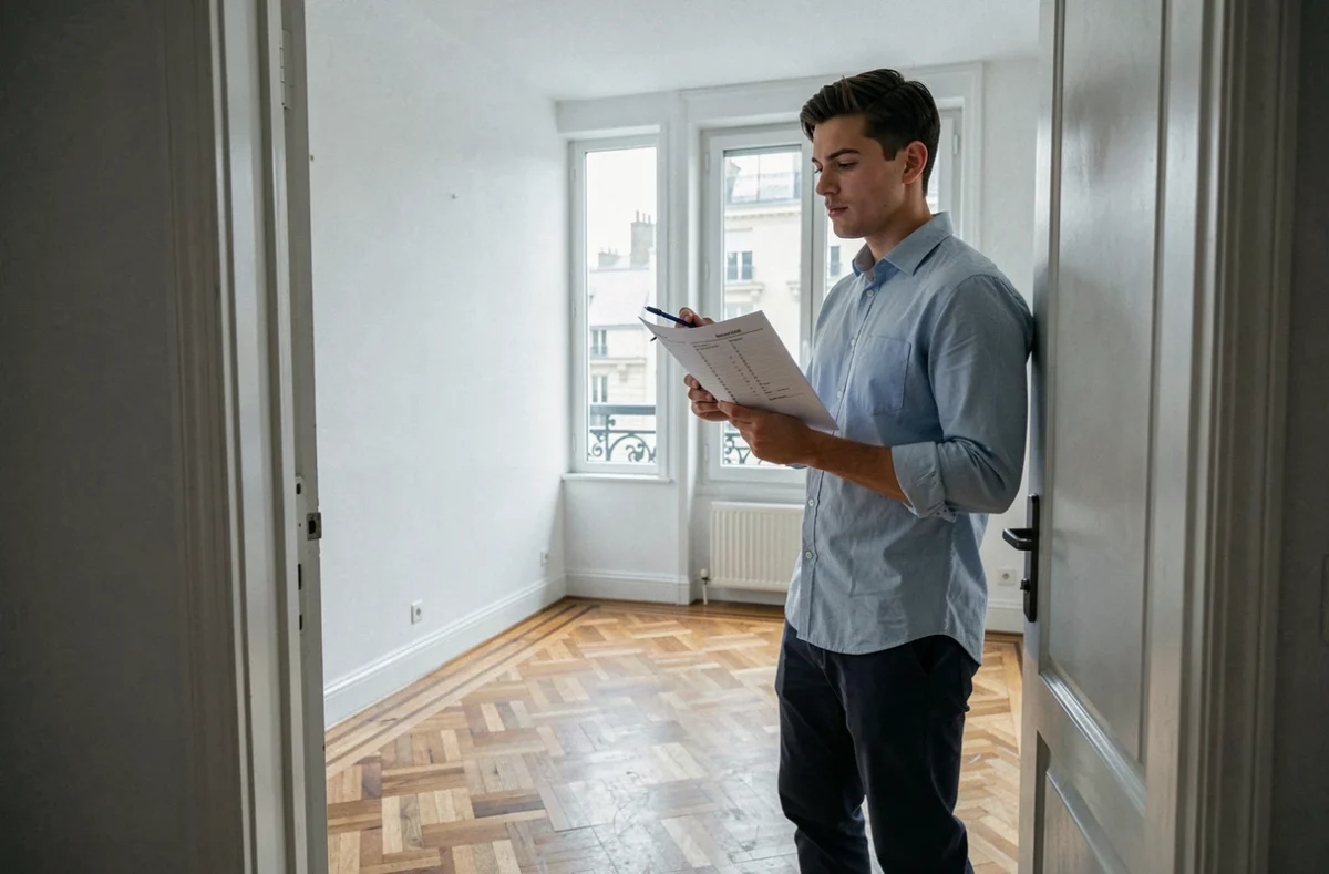 Jeune homme effectuant l'état des lieux d'un appartement étudiant en location