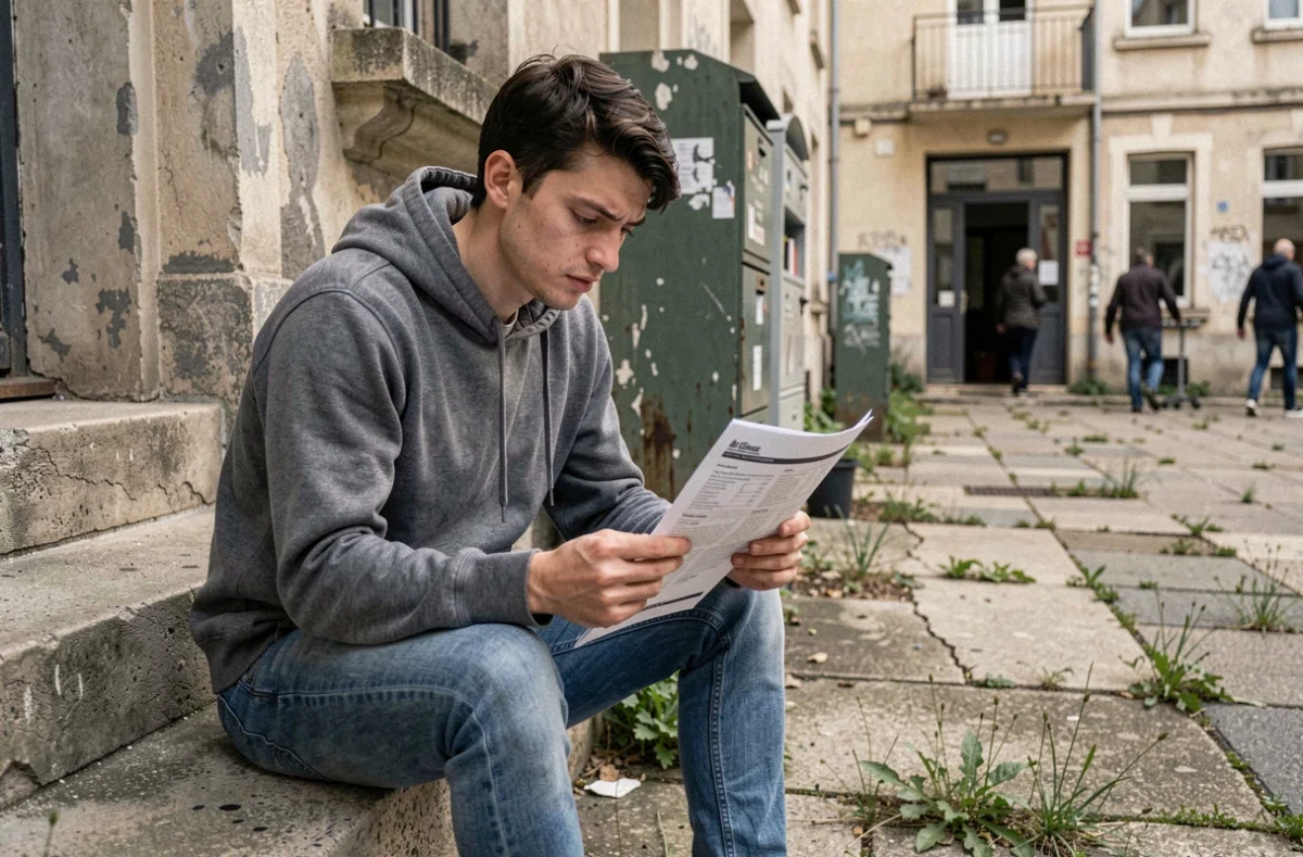 Étudiant inquiet consultant une annonce de logement devant un immeuble délabré à Bordeaux