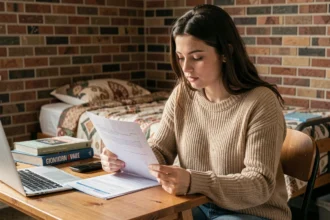Étudiante lisant un contrat d'assurance appartement dans sa chambre de location